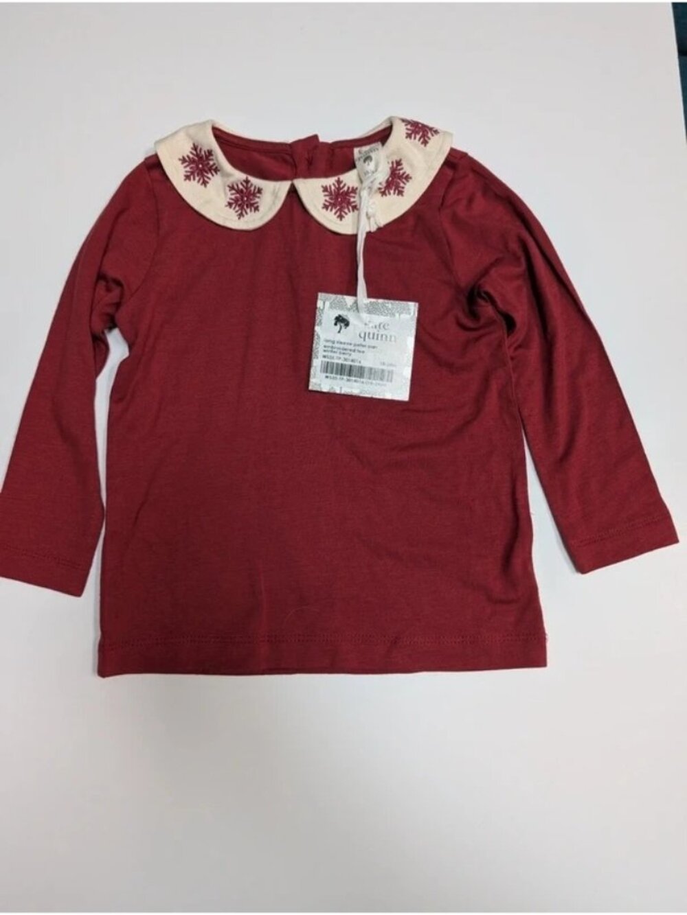 Snowflake Embroidered Peter Pan Collar Winter Berry Red Long Sleeve Tee 18-24 Mo